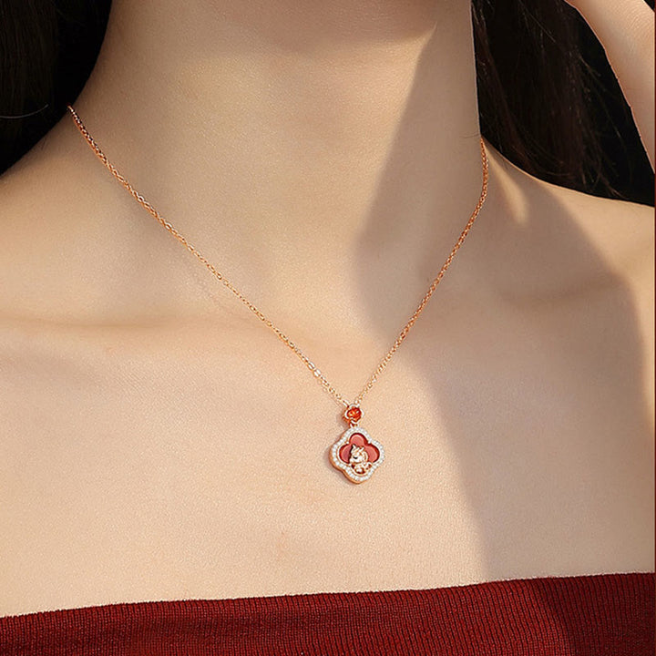 Buddha Stones 925 Sterling Silver Horse Charm Four Leaf Clover Red Agate Calm Necklace Pendant - image 5