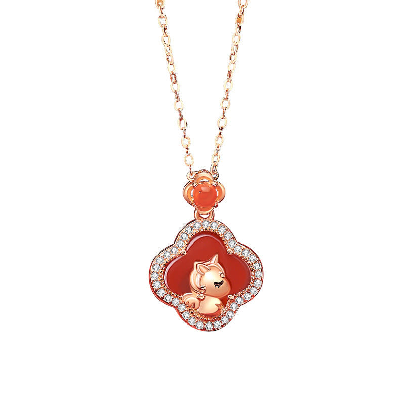 Buddha Stones 925 Sterling Silver Year Of The Horse Four Leaf Clover Red Agate Calm Necklace Pendant - image 3