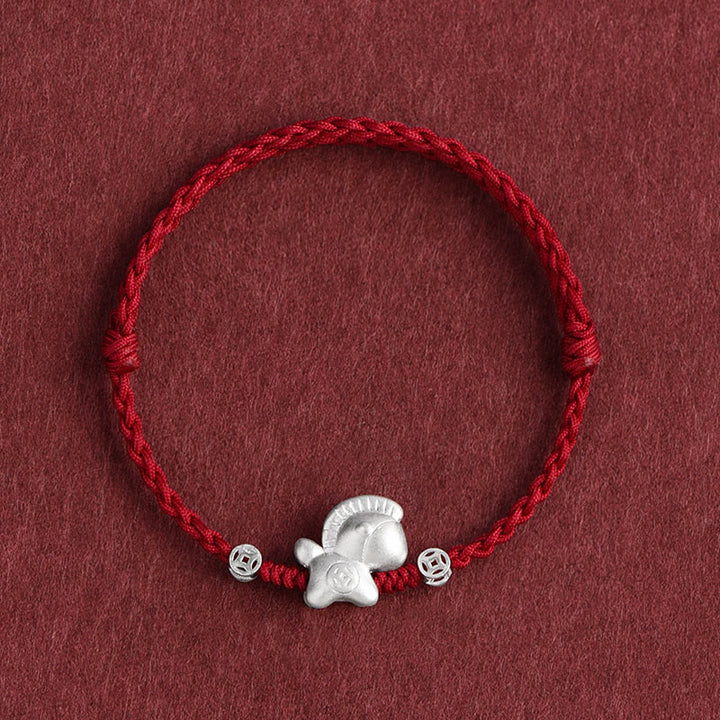 Buddha Stones Year of the Horse 999 Sterling Silver Copper Coins Luck Rope Braided Bracelet Anklet - Dark Red Anklet(Circumference 17-30cm) - image 0
