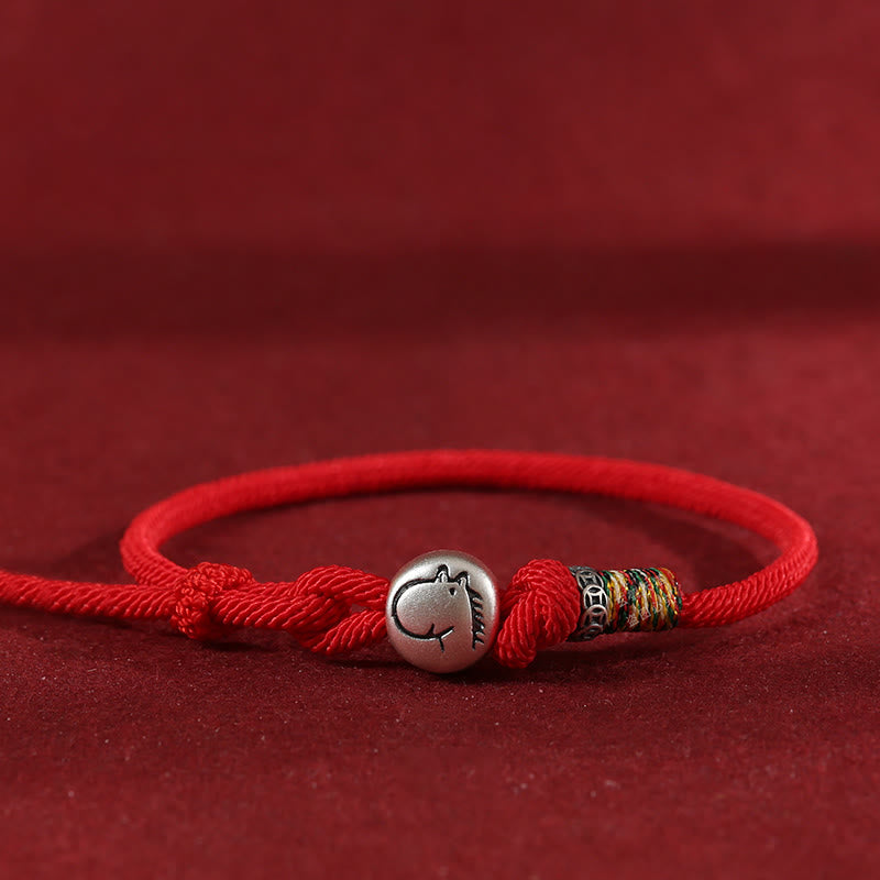 Buddha Stones Year of the Horse 999 Sterling Silver Copper Coins Rope Braided Protection Bracelet - Red - 18-20cm - image 0
