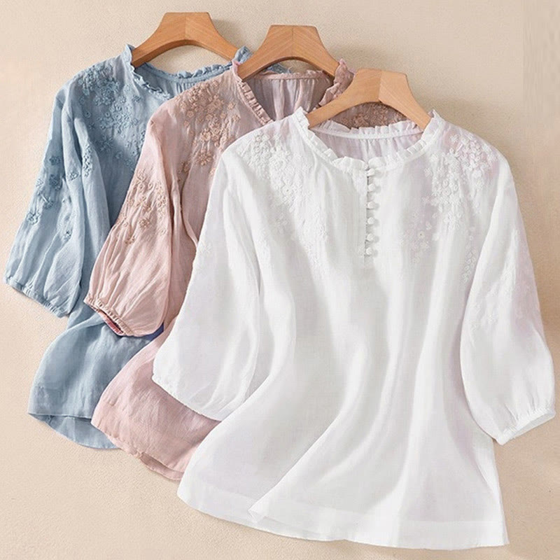 Buddha Stones Casual Plain Button Floral Embroidered Design Puff Half Sleeve Women's Shirt - image 19