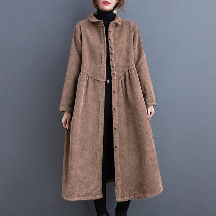 Buddha Stones Plain Buttons Long Sleeve Women's Cotton Corduroy Fleece-Lined Coat With Pockets - image 26