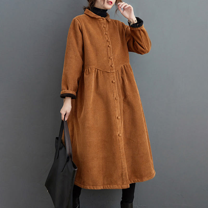 Buddha Stones Plain Buttons Long Sleeve Women's Cotton Corduroy Fleece-Lined Coat With Pockets - image 19