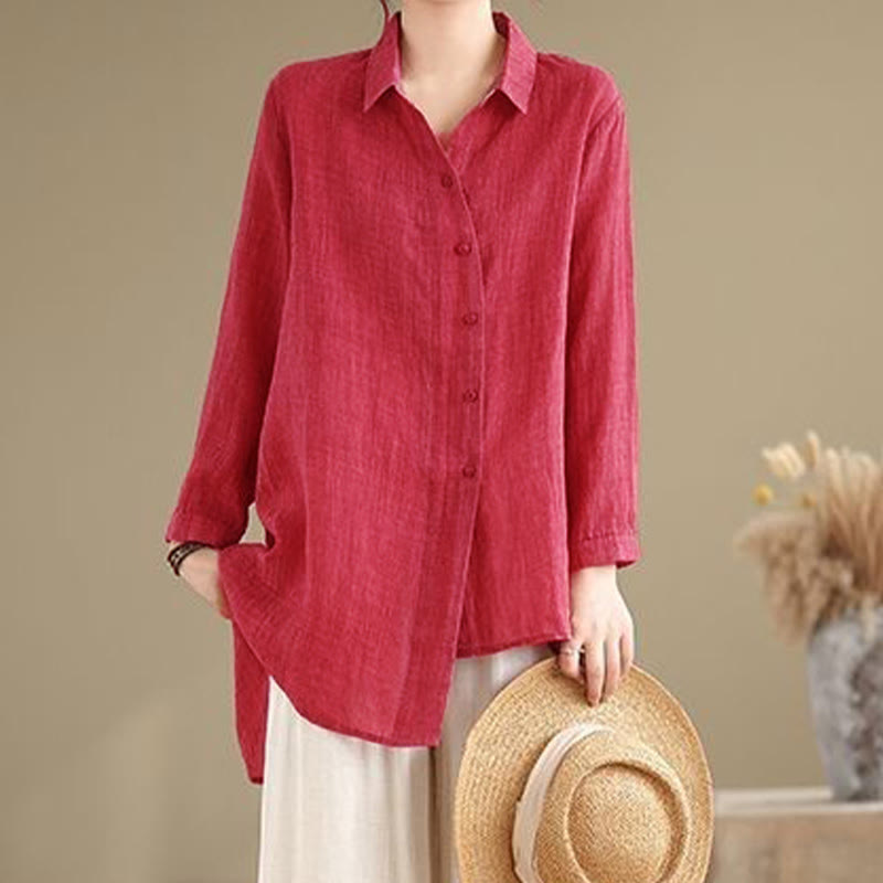 Buddha Stones Irregular Design Buttons Long Sleeve Women's Cotton Shirt - image 15