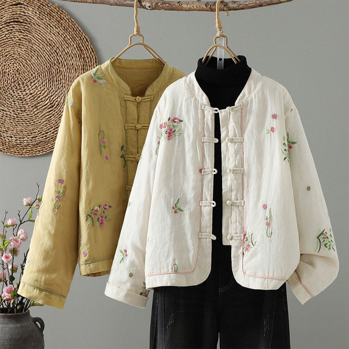 Buddha Stones Flower Embroidery Women's Long Sleeve Cotton-padded Jacket With Pockets - image 0