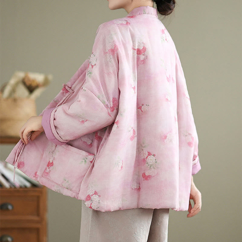 Buddha Stones Printed Flowers Women's Long Sleeve Cotton-padded Jacket With Pockets - image 5