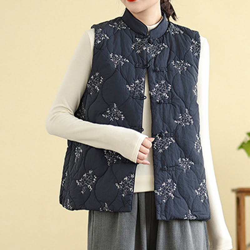 Buddha Stones Embroidered Frog-Button Women's Sleeveless Cotton Vest Waistcoat With Pockets - image 1