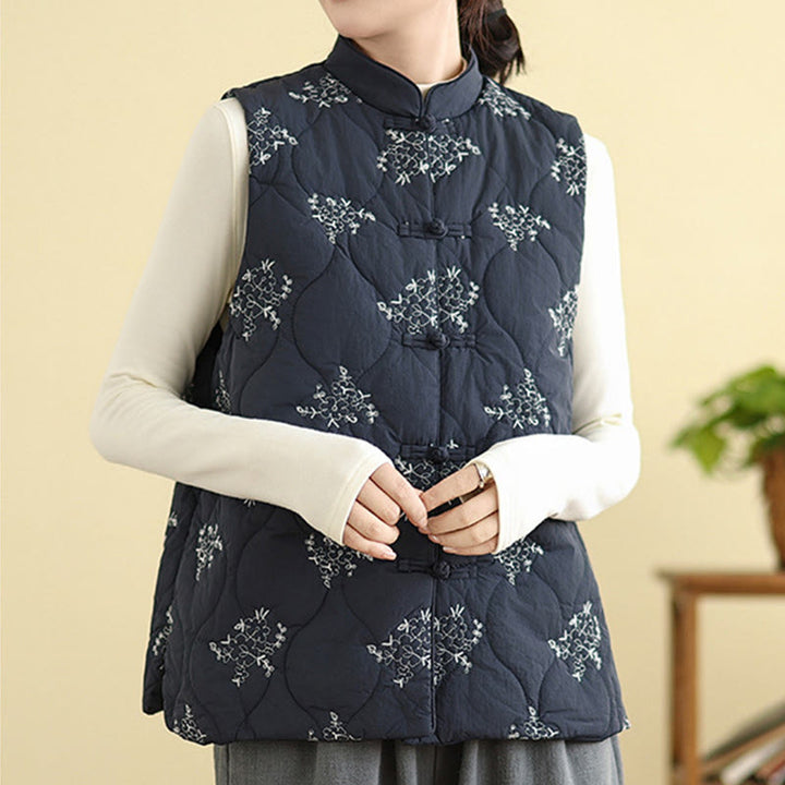 Buddha Stones Embroidered Frog-Button Women's Sleeveless Cotton Vest Waistcoat With Pockets - MidnightBlue - US8-10，UK/AU12-14，EU40-42 (2XL) - image 0