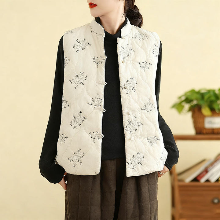 Buddha Stones Embroidered Frog-Button Women's Sleeveless Cotton Vest Waistcoat With Pockets - Ivory - US8-10，UK/AU12-14，EU40-42 (2XL) - image 10