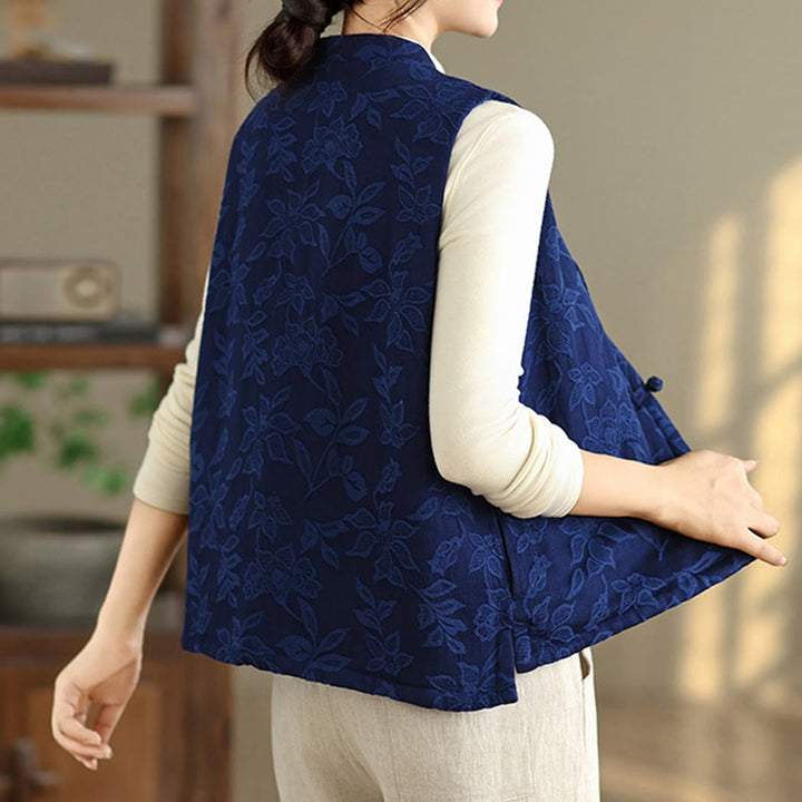 Buddha Stones Jacquard Pattern Frog-button Women's Sleeveless Cotton Vest Waistcoat With Pockets - image 5