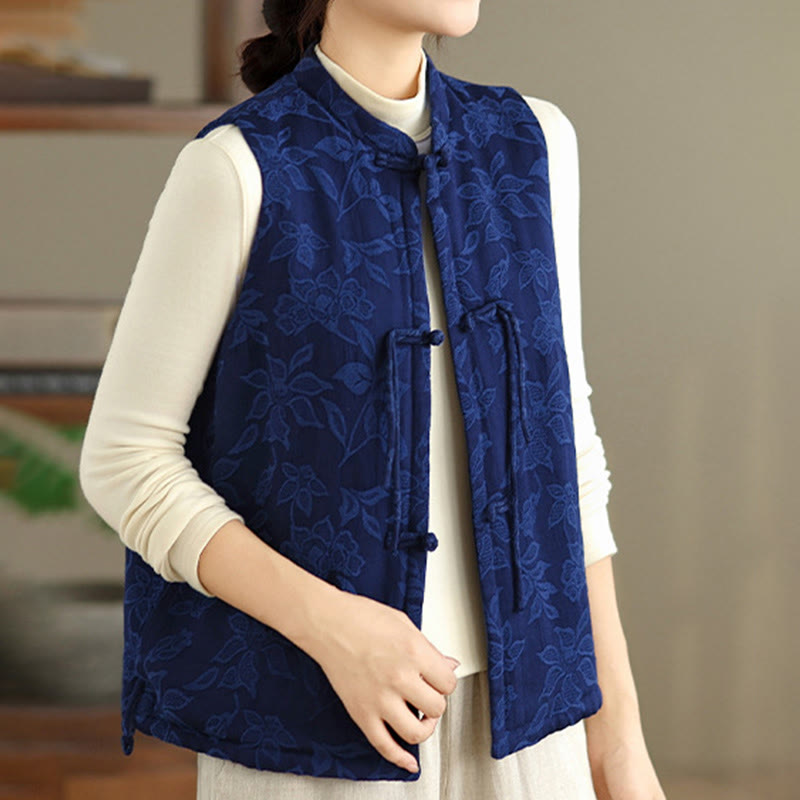 Buddha Stones Jacquard Pattern Frog-button Women's Sleeveless Cotton Vest Waistcoat With Pockets - image 1
