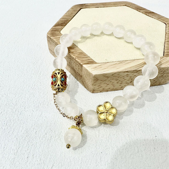 Buddha Stones Tibetan White Agate Crystal Stone Flowers Positivity Bracelet - White Agate(Wrist Circumference: 14-16cm) - image 0