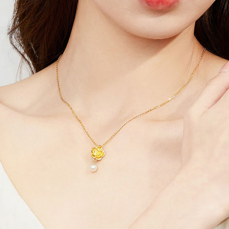 Buddha Stones 999 Sterling Silver Plated Gold Camellia Pearl Healing Necklace Pendant - image 4