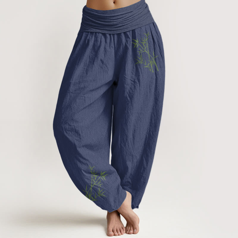 Buddha Stones Green Bamboo Print Pattern Women's Elastic Waist Harem Pure Cotton Pants - DarkSlateBlue - US22，UK/AU26，EU54 (6XL) - image 5