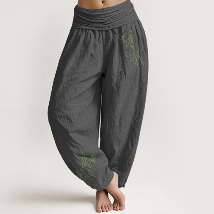 Buddha Stones Green Bamboo Print Pattern Women's Elastic Waist Harem Pure Cotton Pants - Gray - US22，UK/AU26，EU54 (6XL) - image 8
