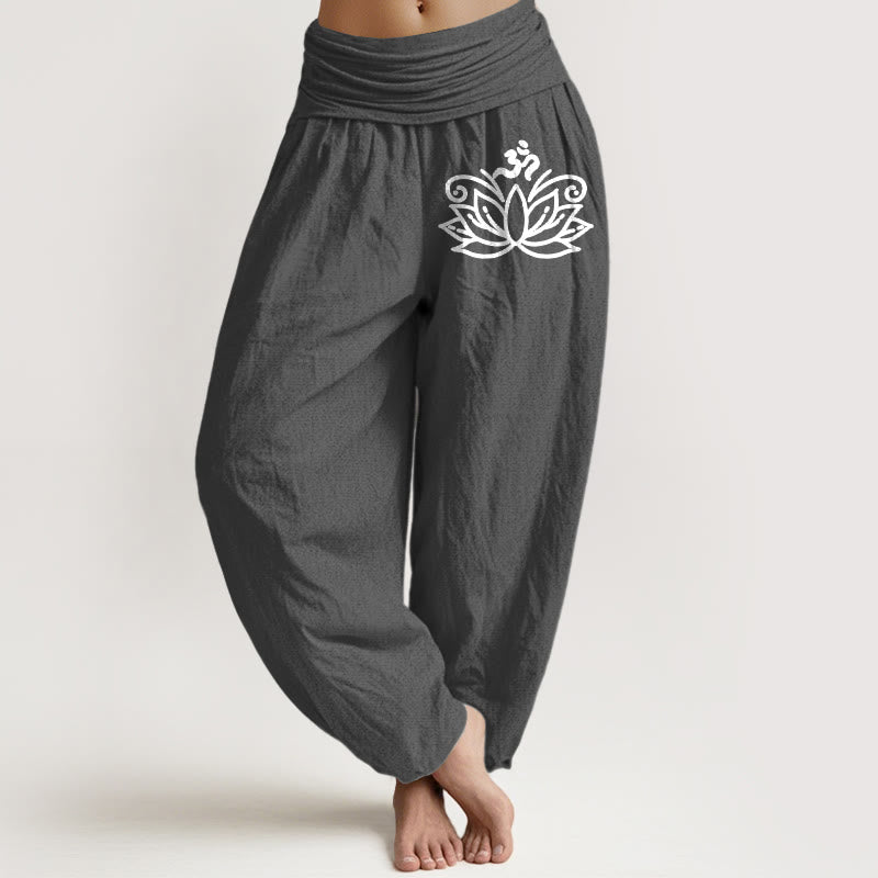 Buddha Stones Lotus Flower Om Symbol Pattern Women's Elastic Waist Harem Pure Cotton Pants - Gray - US22，UK/AU26，EU54 (6XL) - image 8