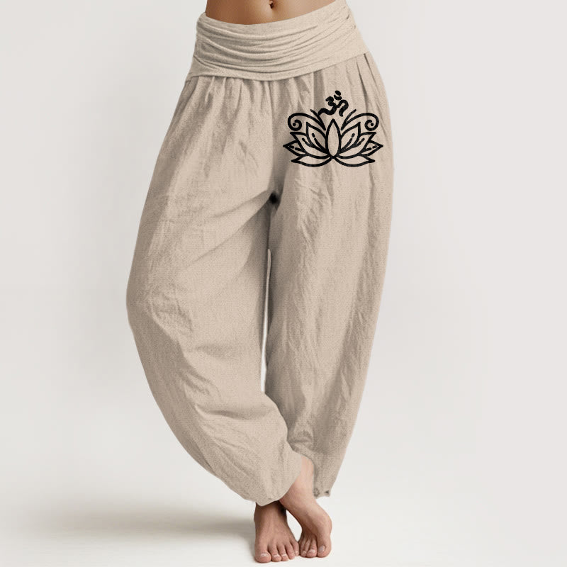 Buddha Stones Lotus Flower Om Symbol Pattern Women's Elastic Waist Harem Pure Cotton Pants - Tan - US22，UK/AU26，EU54 (6XL) - image 11