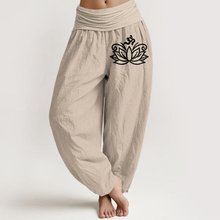 Buddha Stones Lotus Flower Om Symbol Pattern Women's Elastic Waist Harem Pure Cotton Pants - Tan - US22，UK/AU26，EU54 (6XL) - image 11