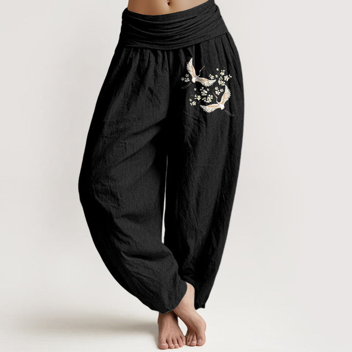 Buddha Stones Cranes Flowers Pattern Pure Cotton Women's Elastic Waist Harem Pants - Black - US22，UK/AU26，EU54 (6XL) - image 0