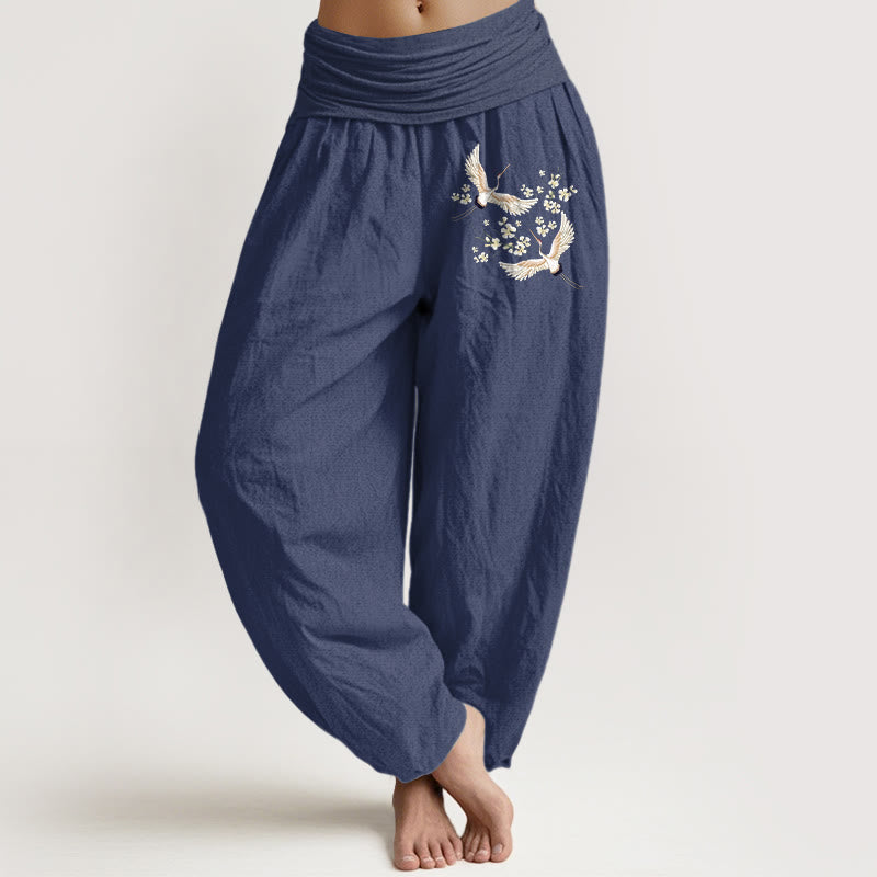 Buddha Stones Cranes Flowers Pattern Pure Cotton Women's Elastic Waist Harem Pants - DarkSlateBlue - US22，UK/AU26，EU54 (6XL) - image 5