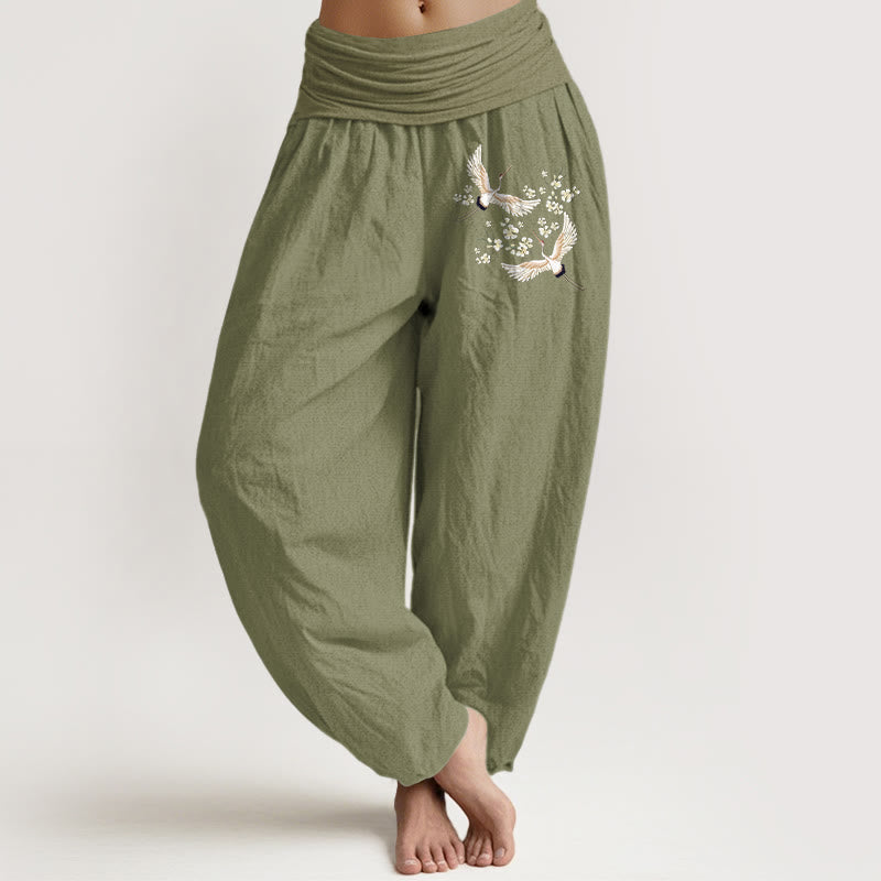 Buddha Stones Cranes Flowers Pattern Pure Cotton Women's Elastic Waist Harem Pants - OliveDrab - US22，UK/AU26，EU54 (6XL) - image 14