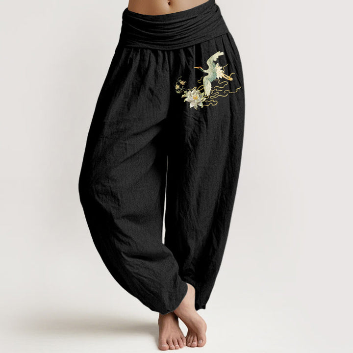 Buddha Stones Cranes Lotus Pattern Pure Cotton Women's Elastic Waist Harem Pants - Black - US22，UK/AU26，EU54 (6XL) - image 0