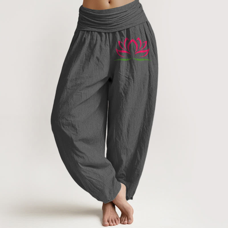 Buddha Stones Simple Design Pink Lotus Pattern Pure Cotton Women's Elastic Waist Harem Pants - Gray - US22，UK/AU26，EU54 (6XL) - image 8