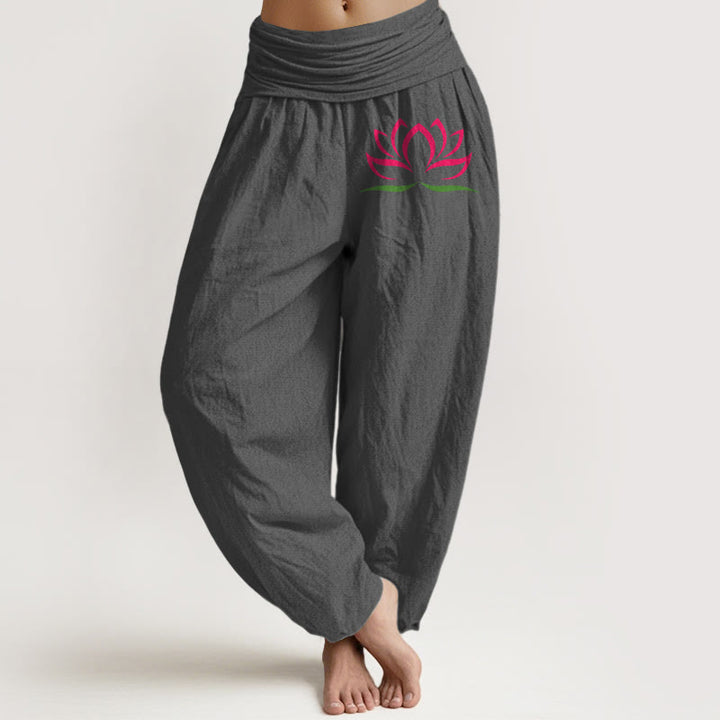 Buddha Stones Simple Design Pink Lotus Pattern Pure Cotton Women's Elastic Waist Harem Pants - Gray - US22，UK/AU26，EU54 (6XL) - image 8