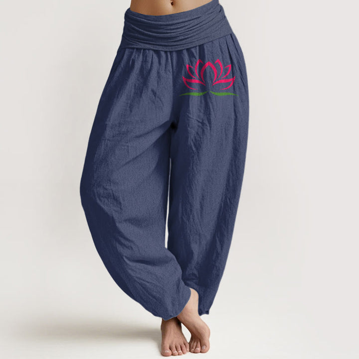 Buddha Stones Simple Design Pink Lotus Pattern Pure Cotton Women's Elastic Waist Harem Pants - DarkSlateBlue - US22，UK/AU26，EU54 (6XL) - image 5