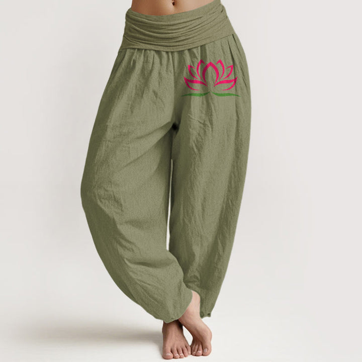 Buddha Stones Simple Design Pink Lotus Pattern Pure Cotton Women's Elastic Waist Harem Pants - OliveDrab - US22，UK/AU26，EU54 (6XL) - image 14