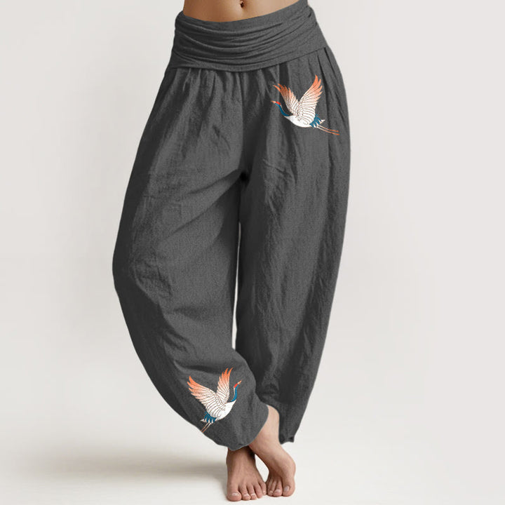 Buddha Stones Two Graceful Cranes Pattern Pure Cotton Women's Elastic Waist Harem Pants - Gray - US22，UK/AU26，EU54 (6XL) - image 8