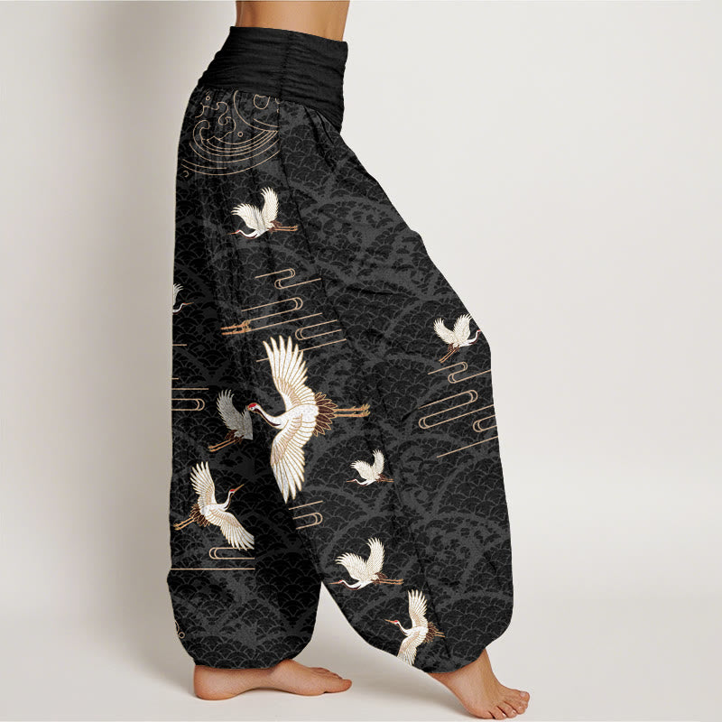 Buddha Stones Print Cranes Wave Pattern Women's Elastic Waist Harem Pure Cotton Pants - image 2