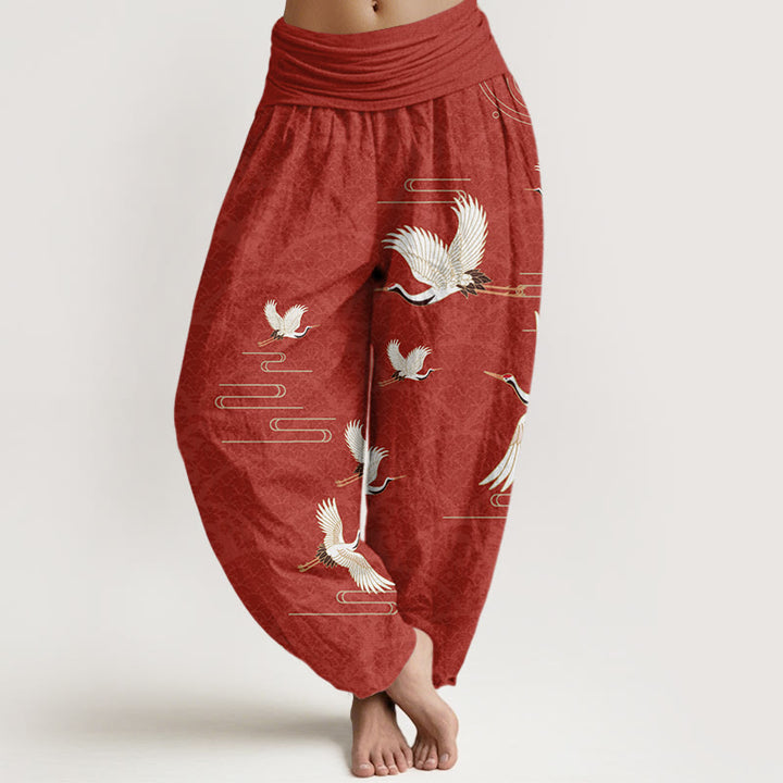 Buddha Stones Print Cranes Wave Pattern Women's Elastic Waist Harem Pure Cotton Pants - FireBrick - US22，UK/AU26，EU54 (6XL) - image 8