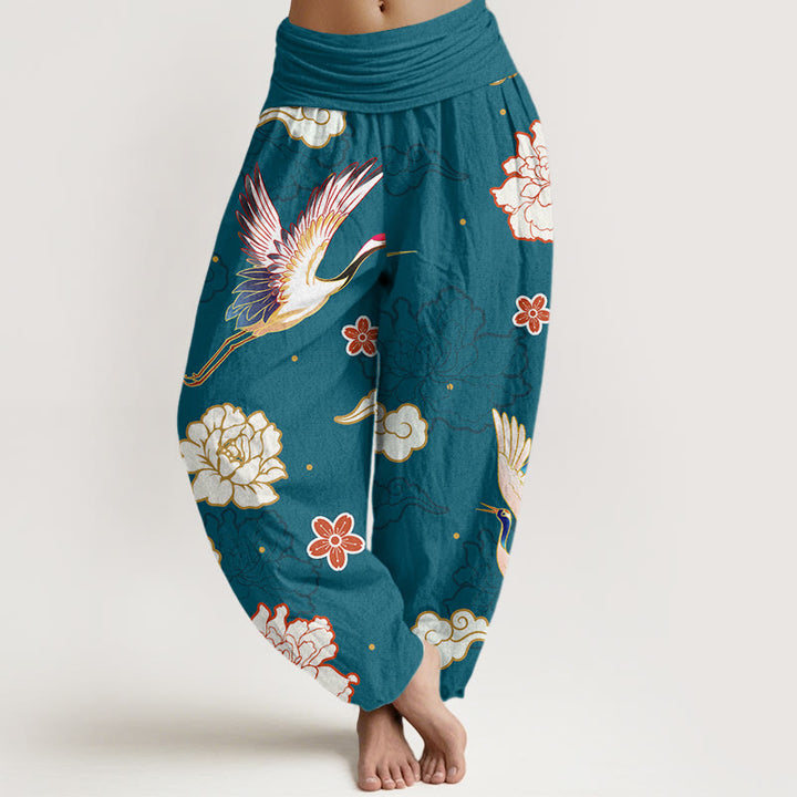 Buddha Stones Print Cranes Peonies Pattern Women's Elastic Waist Harem Pure Cotton Pants - DarkCyan - US22，UK/AU26，EU54 (6XL) - image 0