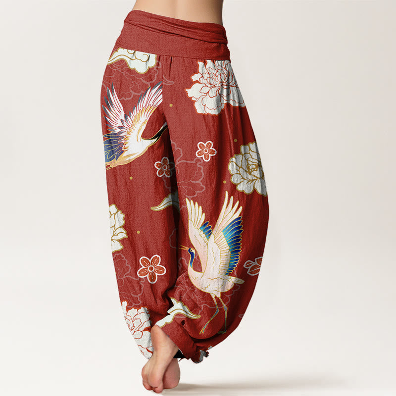 Buddha Stones Print Cranes Peonies Pattern Women's Elastic Waist Harem Pure Cotton Pants - image 7