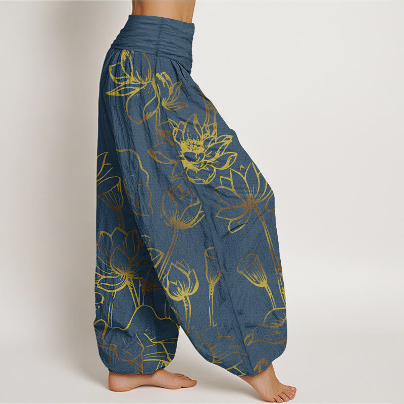 Buddha Stones Print Lotus Flowers Leaves Pattern Women's Elastic Waist Harem Cotton Pants - image 1