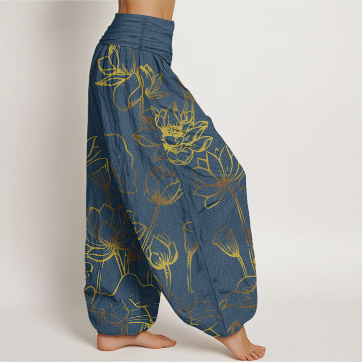 Buddha Stones Print Lotus Flowers Leaves Pattern Women's Elastic Waist Harem Cotton Pants - image 1