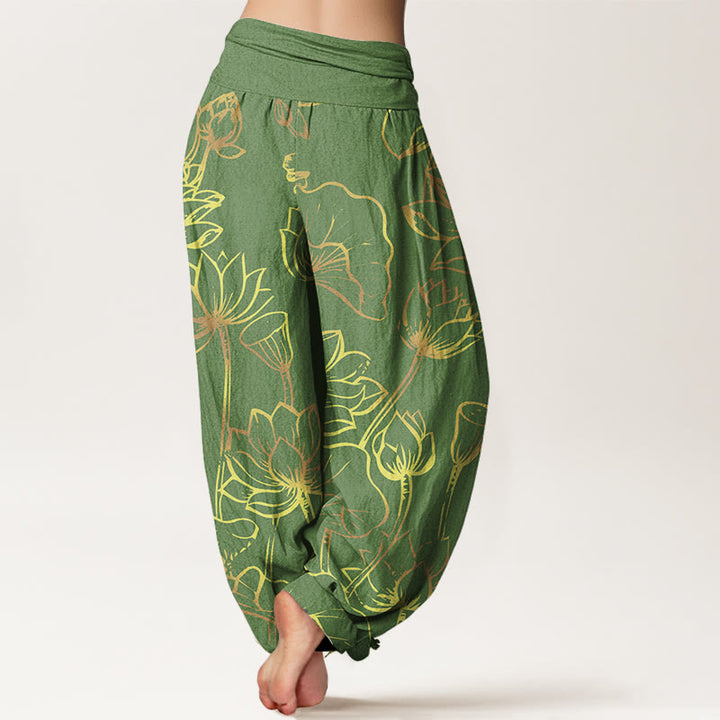 Buddha Stones Print Lotus Flowers Leaves Pattern Women's Elastic Waist Harem Cotton Pants - image 7