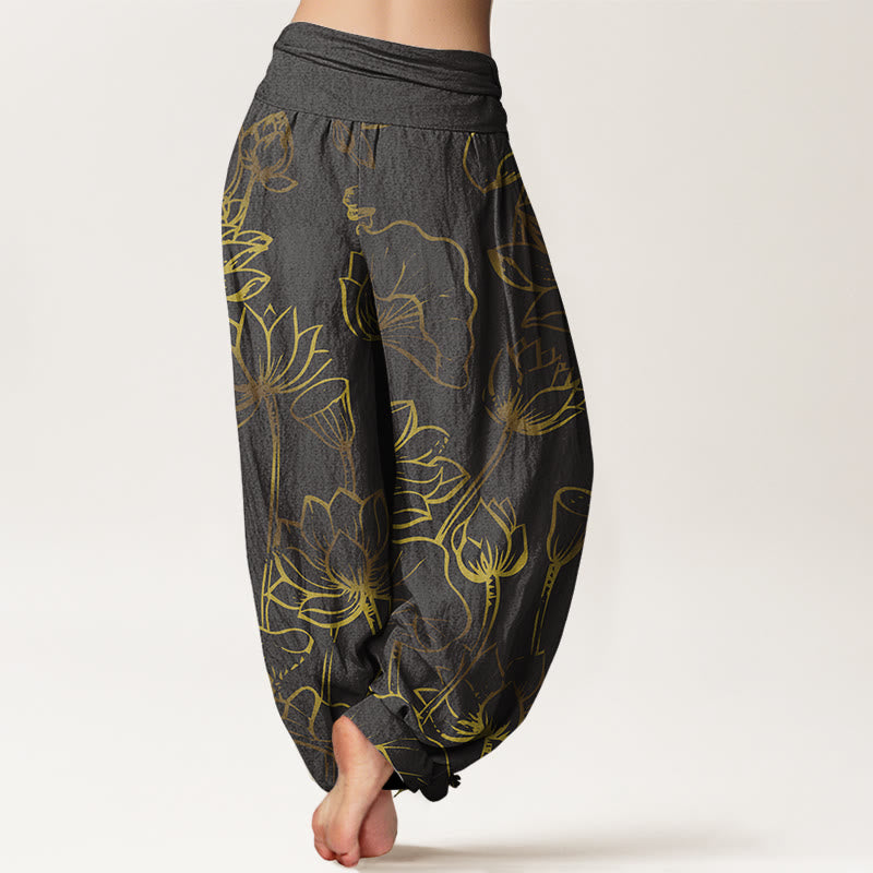 Buddha Stones Print Lotus Flowers Leaves Pattern Women's Elastic Waist Harem Cotton Pants - image 10