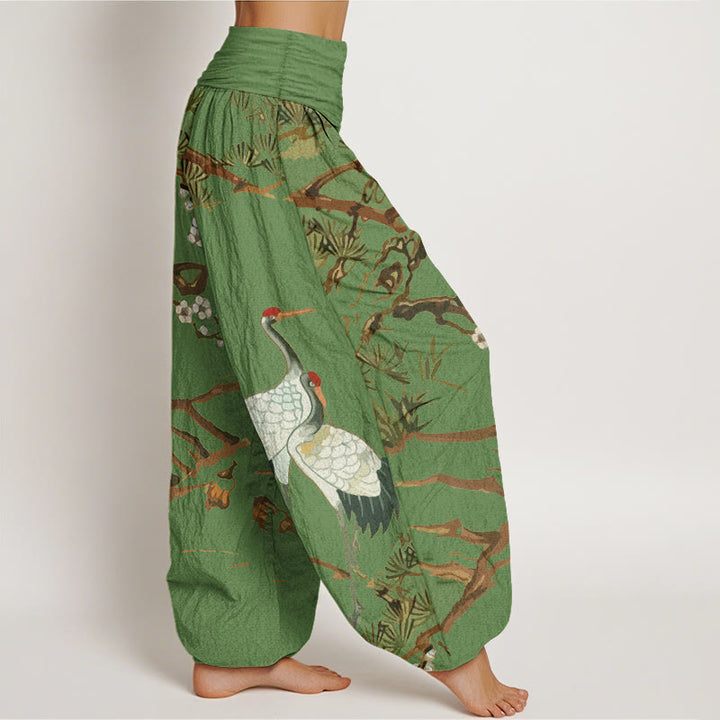 Buddha Stones Print Plum Blossoms Cranes Pine Trees Pattern Women's Elastic Waist Harem Cotton Pants - image 1