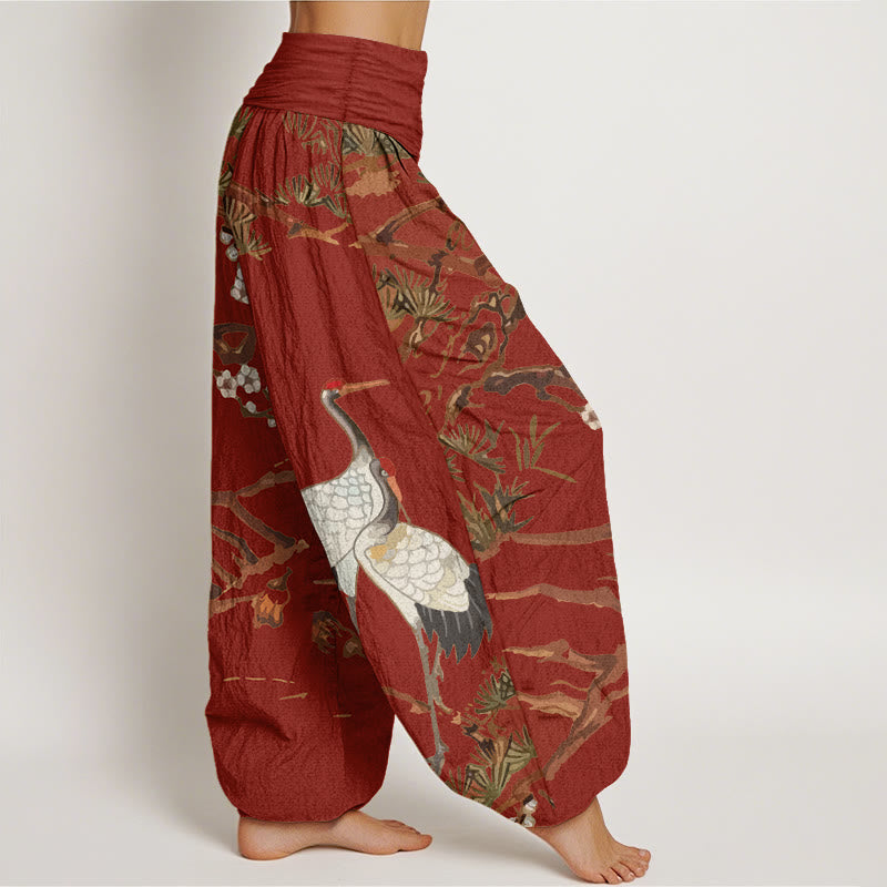 Buddha Stones Print Plum Blossoms Cranes Pine Trees Pattern Women's Elastic Waist Harem Cotton Pants - image 9