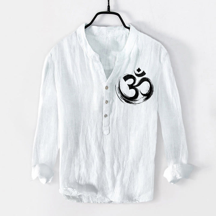 Buddha Stones Om Symbol Pattern Half Buttons Men's Cotton Linen Long Sleeve Shirt - White - US/UK/AU50，EU60 (5XL) - image 6