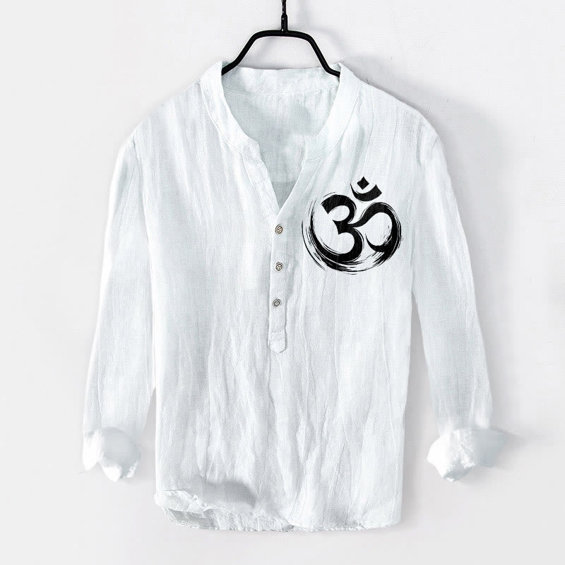 Buddha Stones Om Symbol Pattern Half Buttons Men's Cotton Linen Long Sleeve Shirt - White - US/UK/AU50，EU60 (5XL) - image 6