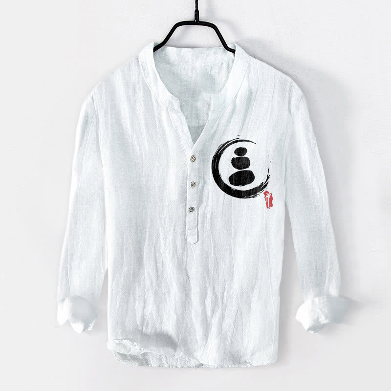 Buddha Stones Zen Stone Pattern Half Buttons Men's Cotton Linen Long Sleeve Shirt - White - US/UK/AU50，EU60 (5XL) - image 6