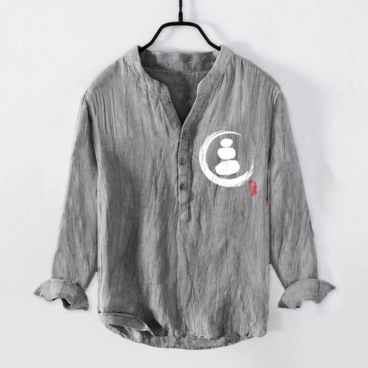 Buddha Stones Zen Stone Pattern Half Buttons Men's Cotton Linen Long Sleeve Shirt - Gray - US/UK/AU50，EU60 (5XL) - image 0