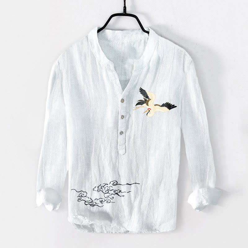 Buddha Stones Crane Auspicious Clouds Pattern Half Buttons Men's Cotton Linen Long Sleeve Shirt - White - US/UK/AU50，EU60 (5XL) - image 6