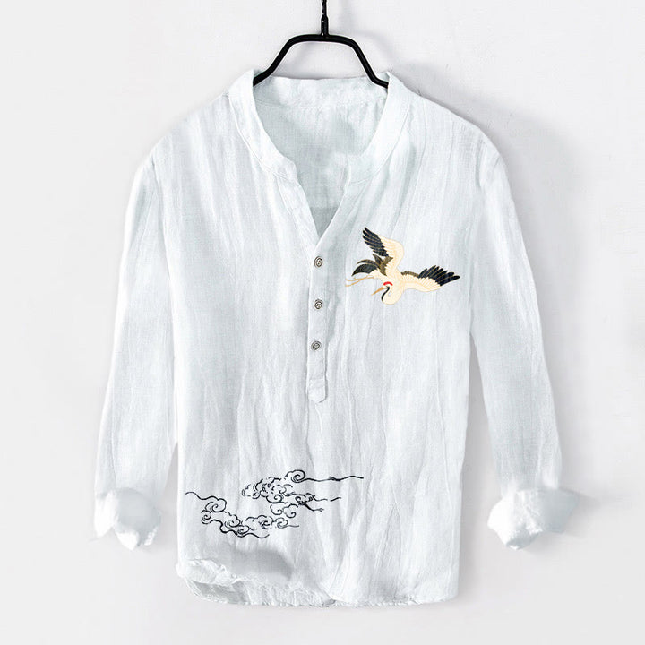 Buddha Stones Crane Auspicious Clouds Pattern Half Buttons Men's Cotton Linen Long Sleeve Shirt - White - US/UK/AU50，EU60 (5XL) - image 6