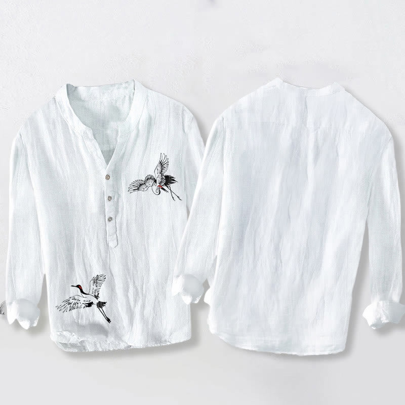Buddha Stones Red-crowned Crane Pattern Half Buttons Men's Cotton Linen Long Sleeve Shirt - image 2