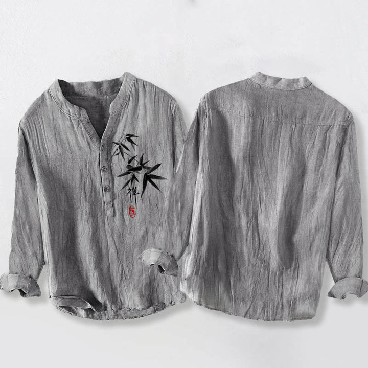 Buddha Stones Bamboo Zen Character Pattern Half Buttons Men's Cotton Linen Long Sleeve Shirt - image 5