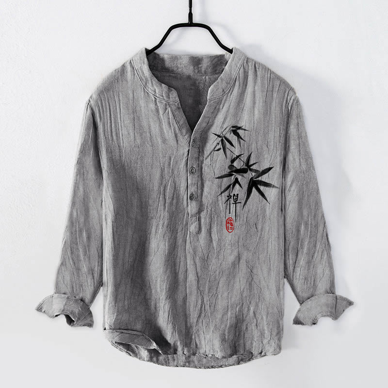 Buddha Stones Bamboo Zen Character Pattern Half Buttons Men's Cotton Linen Long Sleeve Shirt - Gray - US/UK/AU50，EU60 (5XL) - image 3